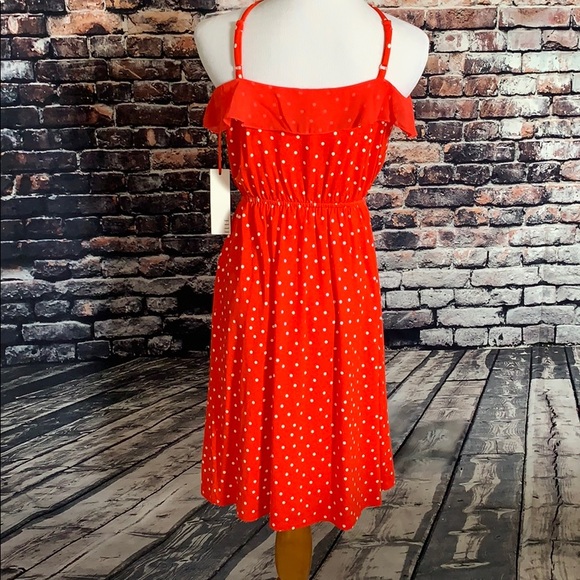 Poppy Red Polkadot Vneck Spaghetti strap Dress - Picture 4 of 7